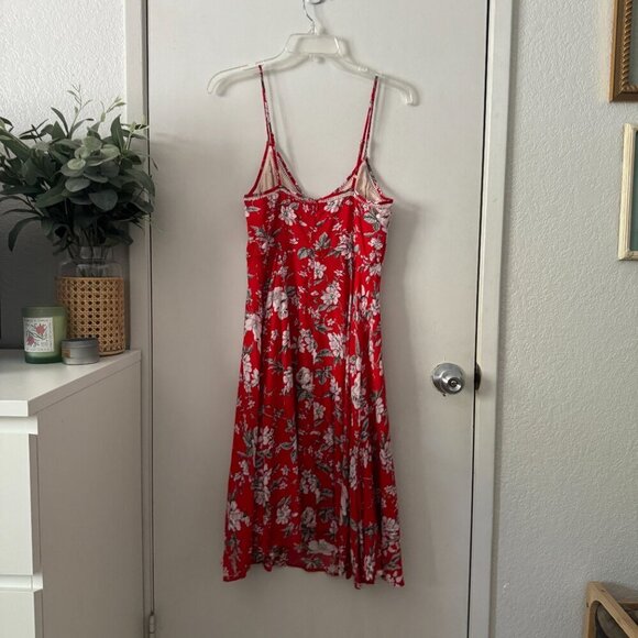 🦋 LULUS Esperanza Red Floral Print Midi Dress XS Side Slit Casual Boho Cute - Picture 5 of 6